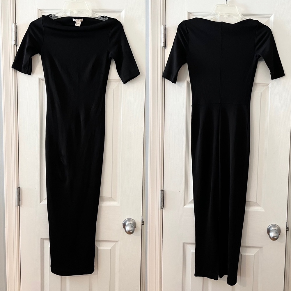 H&M black stretch short sleeve boatneck midi dress